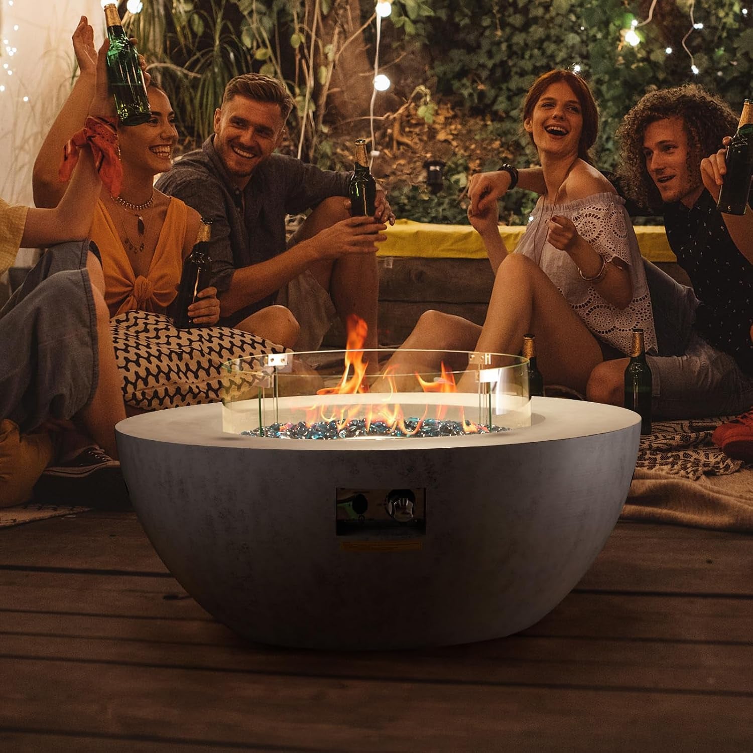 Propane Fire Pit, Outdoor Concrete Gas Fire Pit, 39 in Tabletop with Lava Rocks, Lid,Rain Cover,Adjust Flame Height Camping Firepit for Heating, Lighting, 50000 BTU