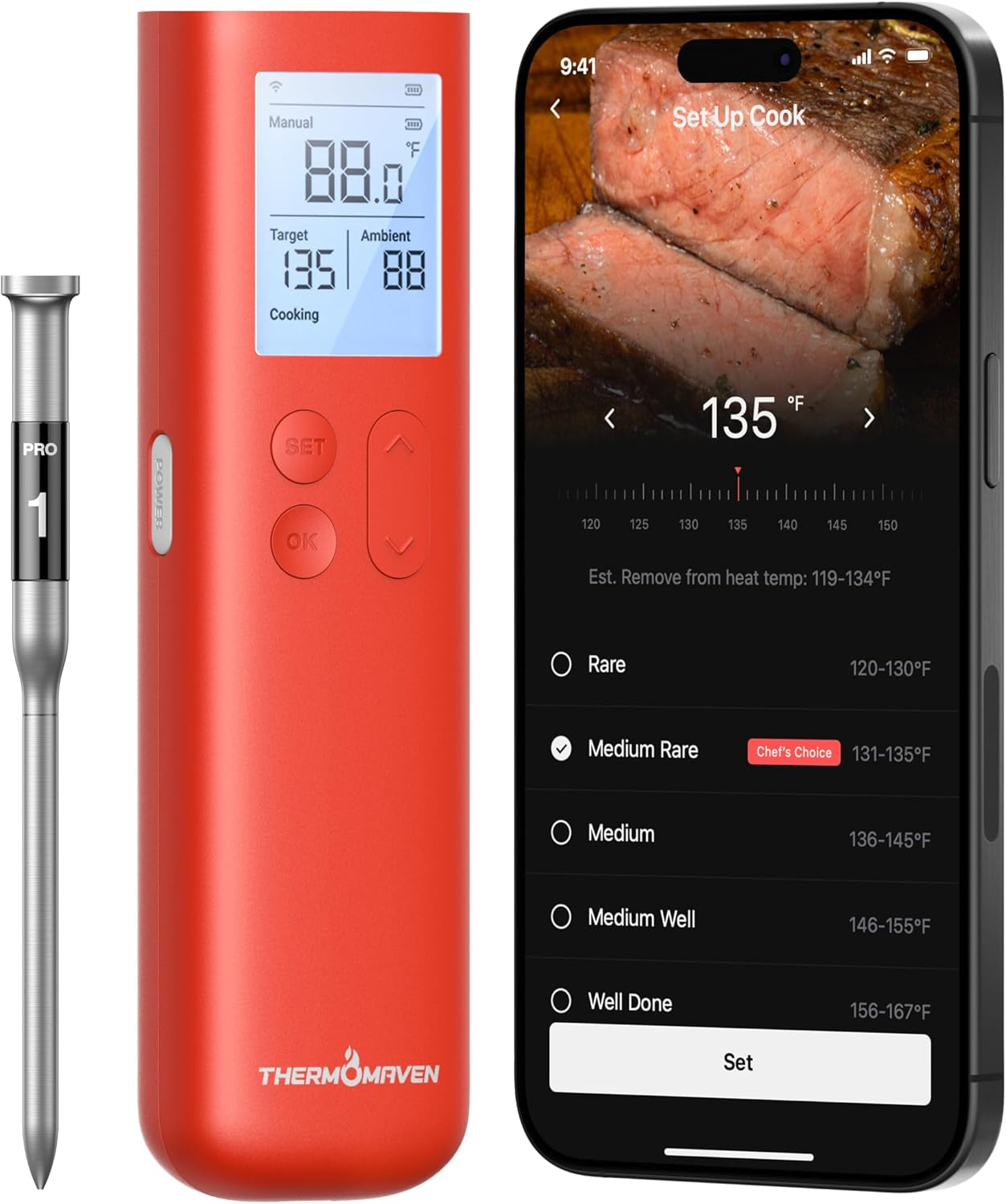 Smart Bluetooth Wireless Meat Thermometer, 10X Enhanced Sub-1G Signal and Stability, Standalone Display Base, Certified Accuracy ±0.5°F, Wifi Unlimited Range for BBQ, Oven, Smoker, Grill