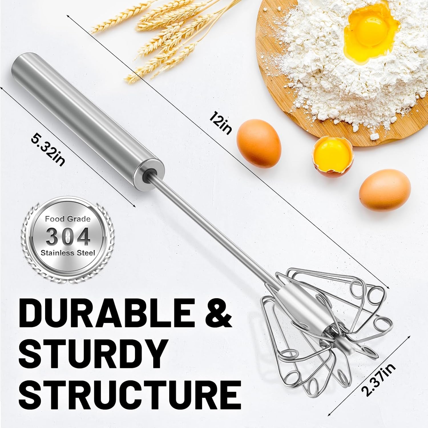 2026 Upgraded Semi-Automatic Stainless Steel Egg Beater – Hand Push Whisk for Baking, Cooking & Stirring – Perfect for Whisking Eggs, Batters & Creams – Effortless Mixing for Quick, Smooth (12In)
