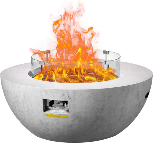Propane Fire Pit, Outdoor Concrete Gas Fire Pit, 39 in Tabletop with Lava Rocks, Lid,Rain Cover,Adjust Flame Height Camping Firepit for Heating, Lighting, 50000 BTU