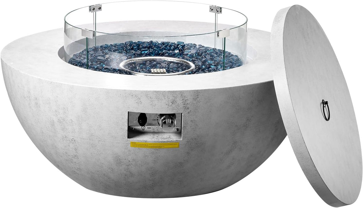 Propane Fire Pit, Outdoor Concrete Gas Fire Pit, 39 in Tabletop with Lava Rocks, Lid,Rain Cover,Adjust Flame Height Camping Firepit for Heating, Lighting, 50000 BTU